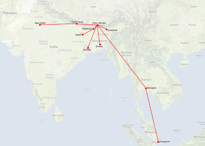 แผนที่แสดงเส้นทางของสายการบินดรุกแอร์ (Royal Bhutan Airlines)